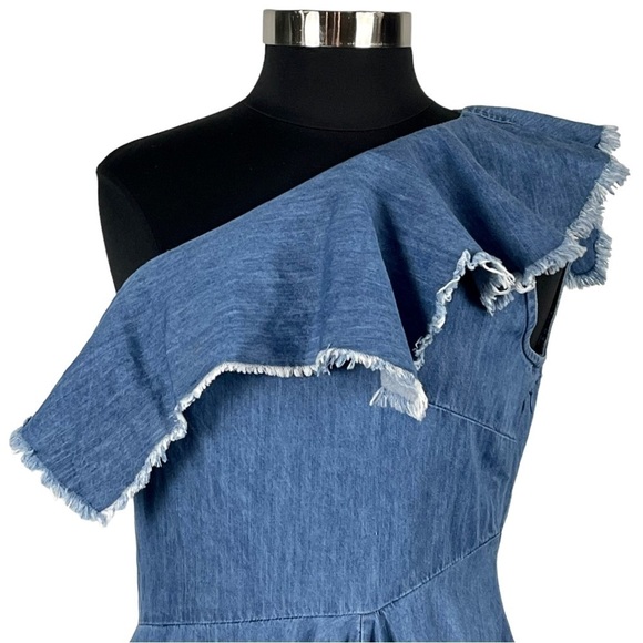 TOV HOLY DENIM ONE SHOULDER RAW HEM RUFFLE HIGH LOW MIDI DRESS - Picture 9 of 16